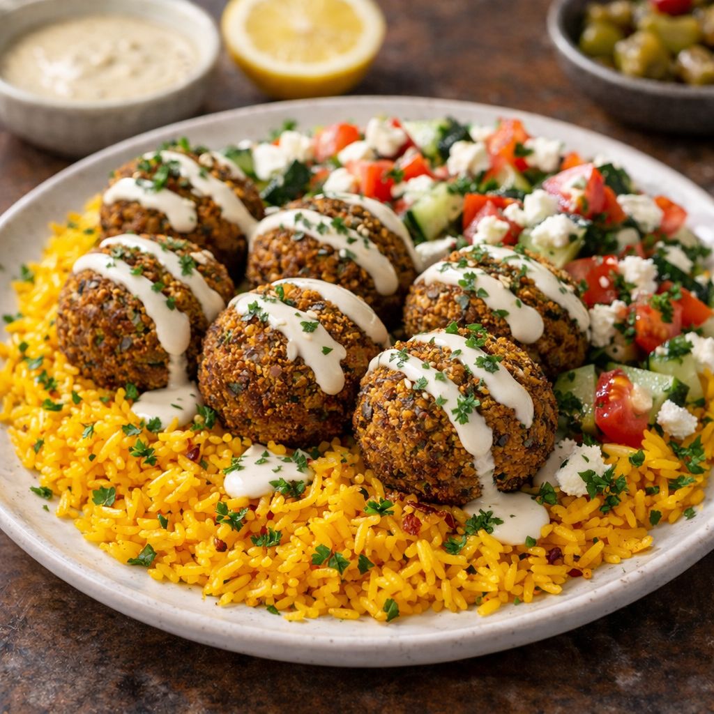 Falafel Bowl Crispy seasoned falafel (6pc) over rice with fresh lettuce, tomato, and a drizzle of our creamy tahini sauce