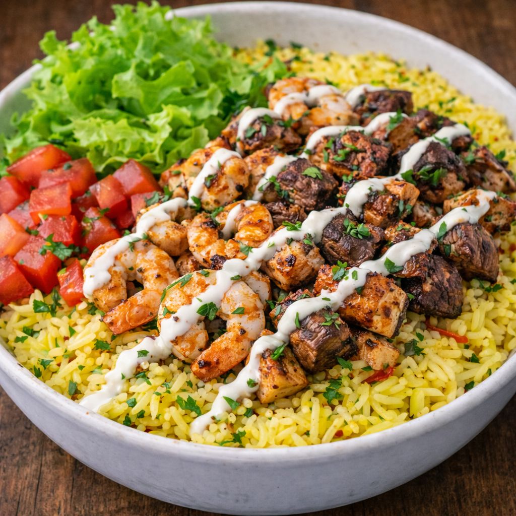Chicago Plate Loaded combo of juicy chicken, tender steak, and seasoned shrimp over rice, topped with fresh lettuce, tomato, and our signature creamy white sauce. Choose between regular or spicy rice.
