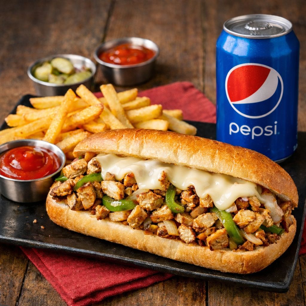 Chicken Philly Seasoned grilled chicken with sautéed onions and peppers, topped with cheese and mayo. Make it a combo